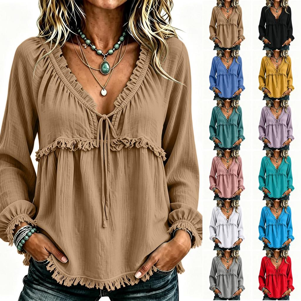 Women's Casual V-Neck Long Sleeve Cotton Linen Top Color
