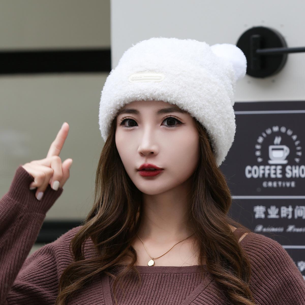 Зимняя новая симпатичная плюшевая теплая вязаная шапка универсальная маленькая корейская версия шерстяной шапки