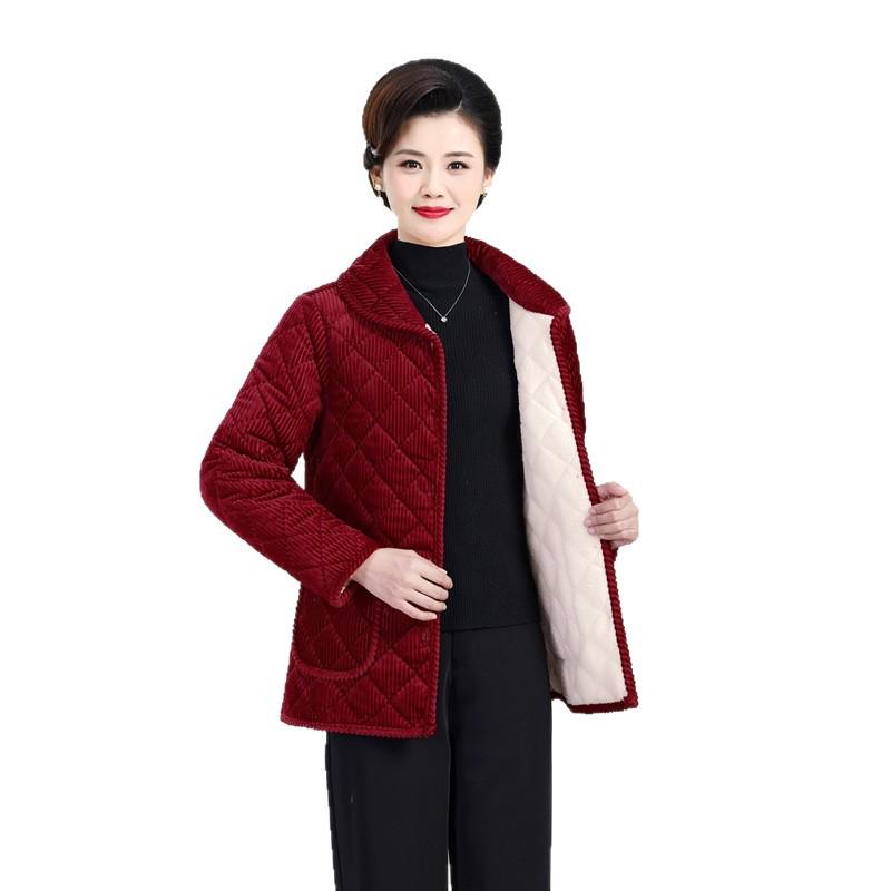 Stylish Loose Plus Size Fleece-Lined Corduroy Jacket for Middle-Aged and Elderly Women