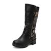 2025 Retro Women Mid Calf Boots Round Toe Thick Heels 5cm Platform 2cm Zipper Belt Buckle Plus Size 44 45 Daily Bota