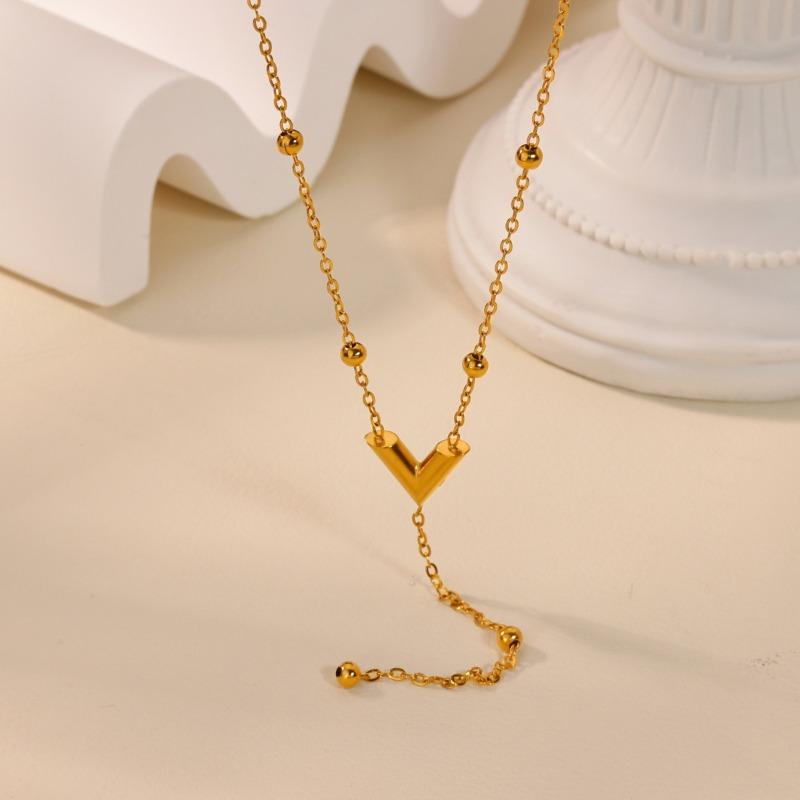 Simple Bead Chain Stainless Steel Pendant Necklace Women's K Gold Plated Niche Exquisite Non-fading Collarbone Chain