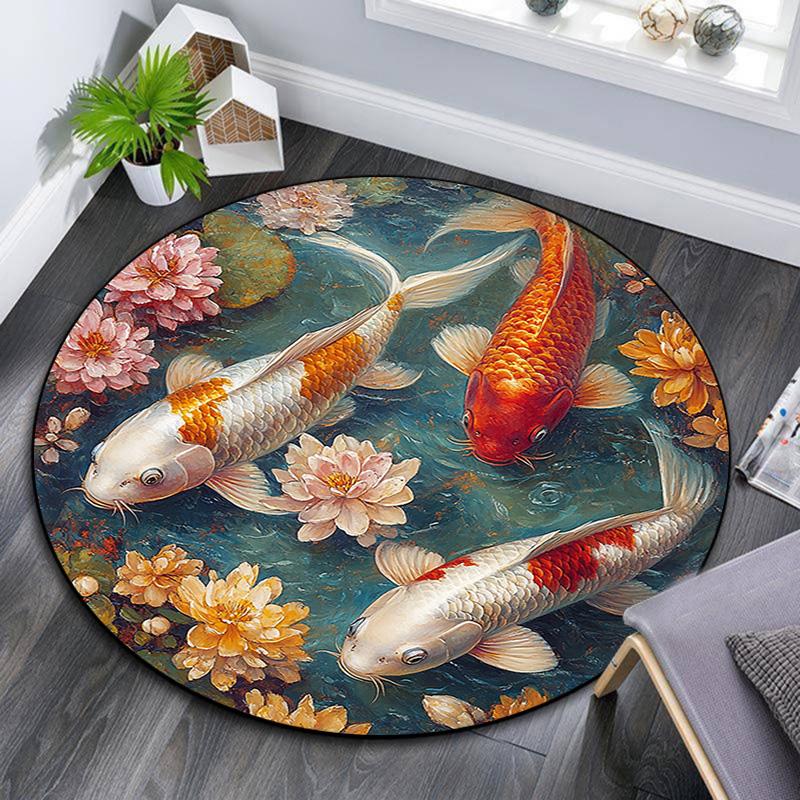 Koi Fish Round Area Rug,Carpet Rug for Living Room Bedroom Sofa Playroom Decor,Non-slip Floor Mat