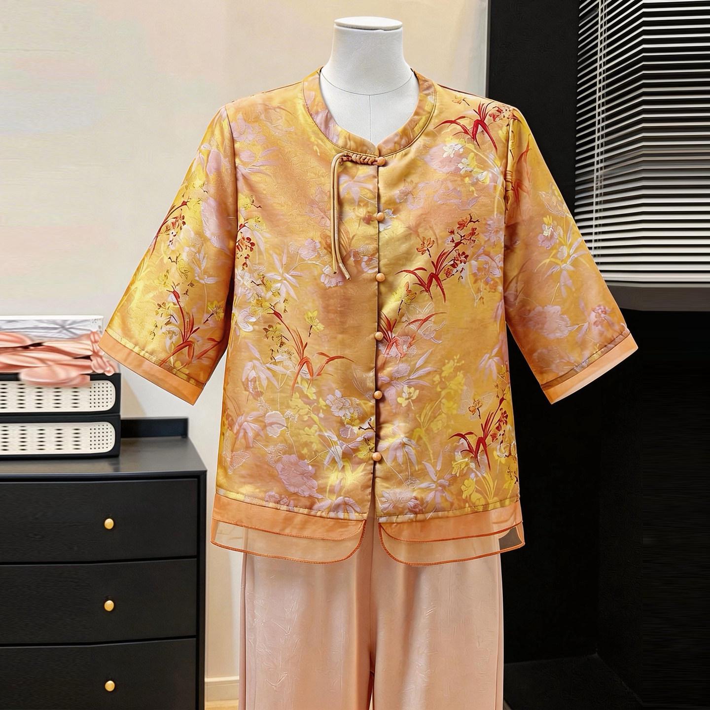 Mom s 2026 Summer Stylish Chinese Short-Sleeved Shirt for Middle-Aged & Elderly Women 2XL (105-120 jin)