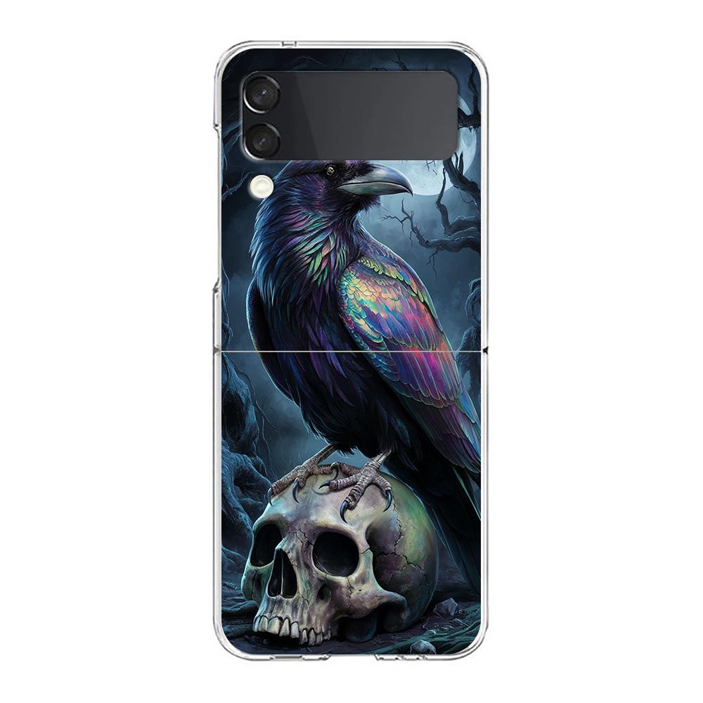 Phone Cover For Samsung Galaxy Z Flip 7 6 5 4 Case Transparent For Samsung Z Flip 3 Hard PC Foldable Shell Raven Crow Skull Bags