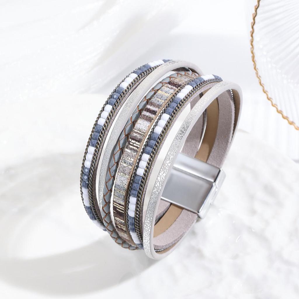 Bohemian Multi-layer Leather Wrap Bracelet with Magnetic Buckle for Women