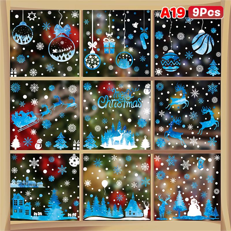 Weihnachtsfensteraufkleber Blauer Elch Statische Aufkleber Schneemann Schneeflocke Wandaufkleber Abziehbilder Frohe Weihnachten Feiertagsparty Aufkleber