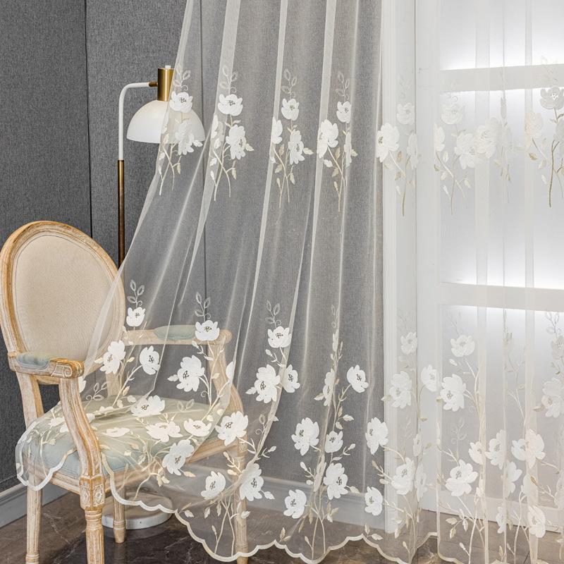 Elegant Floral Sheer Curtain - Pastoral Embroidery, Semi-Transparent with Delicate Flower Clusters, Rod Pocket Design for Bedroom & Living Room Decor