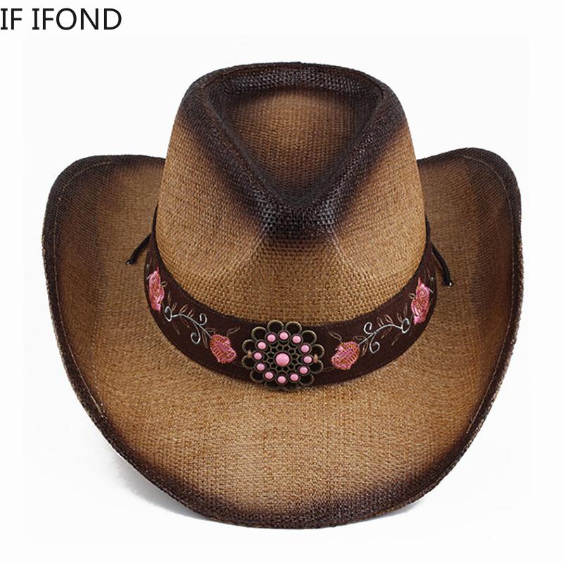 Mode Stickerei Stroh Western Cowboy Hut Für Männer Frauen Sommer Strand Jazz Sonnenhut Cowgirl Sombrero Hombre Kappe