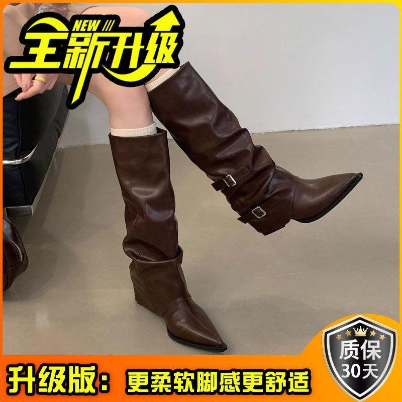 Pointed Buckle Pleated Pile Boots Women's Thick Heel 2025 Punk Style Knight Boots Fried Street Hot Girl High Heel Boots