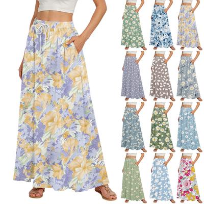 Women's Flowy Flared Ruffle Hem A Line Maxi Skirts Elastic Waist Elegant Tiered Layer Boho Long Skirts