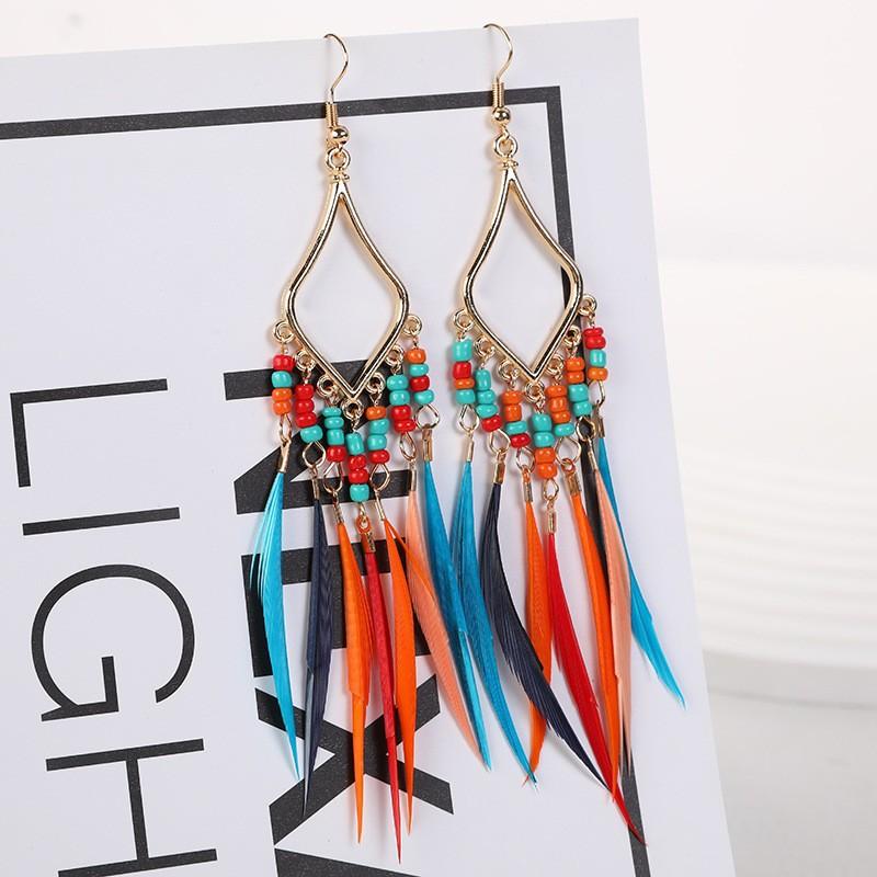 Vintage Bohemian Feather Tassel Earrings Exaggerated Ethnic Vacation Dangle Ear Jewelry Fashion Accessories For Women