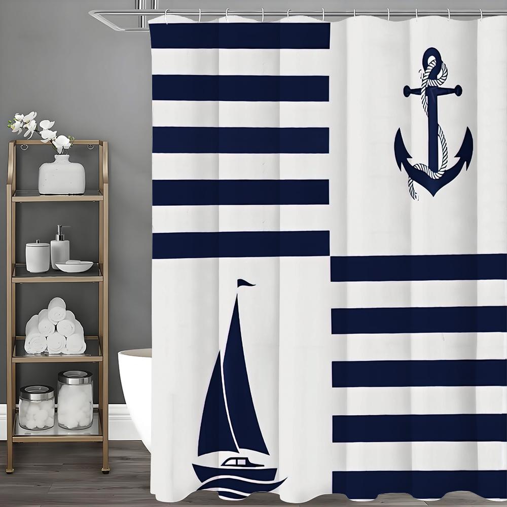 Blue and White Striped Anchor Sailboat Shower Curtain, Bathroom Decorative Shower Curtain, Waterproof Shower Curtain with Hooks