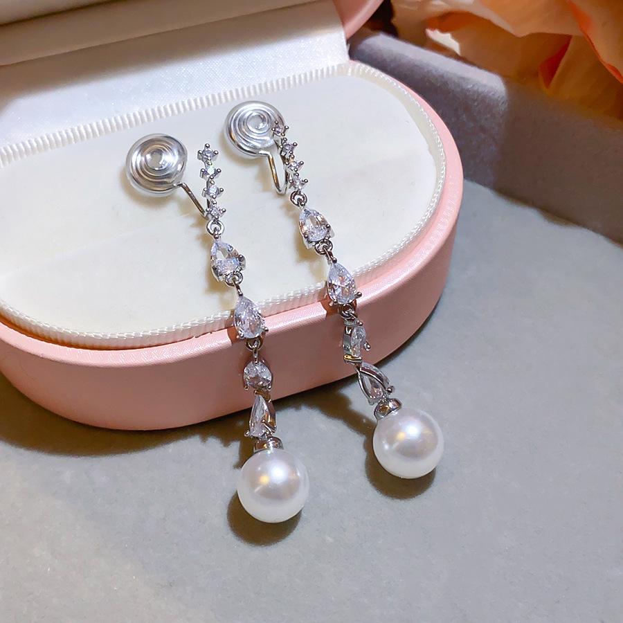 Zircon Pearl Tassel Ear Clips - Elegant Fashion Earrings