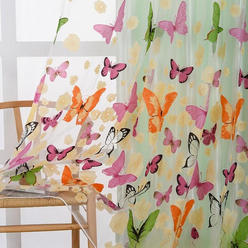 Transparente Vorhänge mit Blumenmuster und Schmetterlingen, transparenter Voile-Tüll-Fenstervorhang