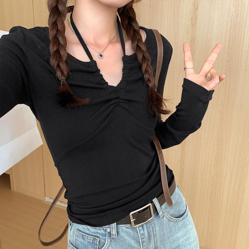 

Белая футболка с V-образным вырезом и длинными рукавами, женская, начало осени, новая универсальная рубашка с коротким топом XL