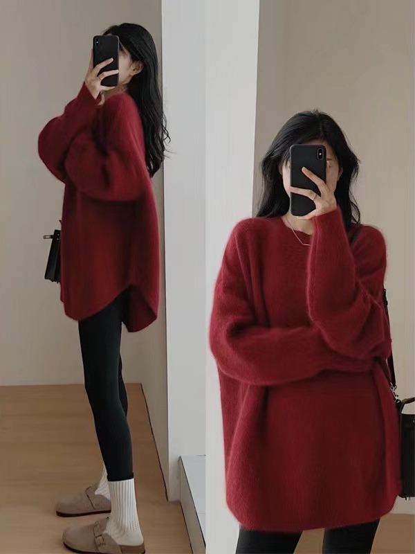 Women's 100% Pure Wool Mid-Length Pullover Sweater - Autumn/Winter Japanese Retro Style with Slit Design.