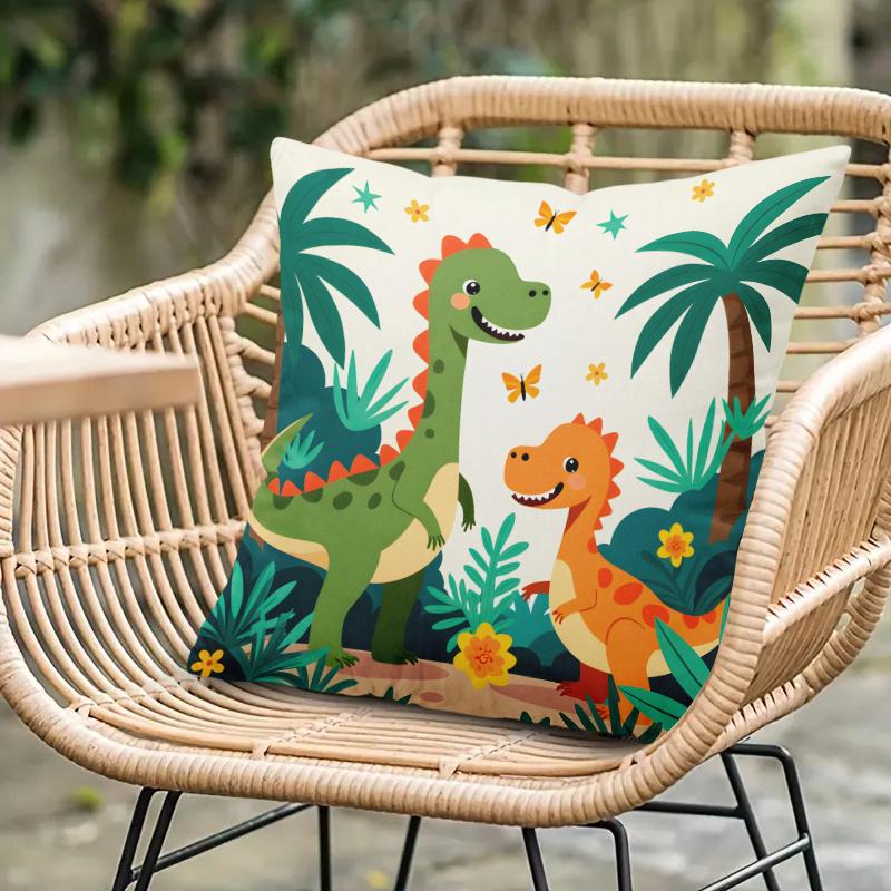 1Pc Cartoon Dinosaur Jungle Print Throw Pillow Cover,Suitable For Sofa,Bedroom,Living Room,A Fun Gift For Dinosaur Lovers