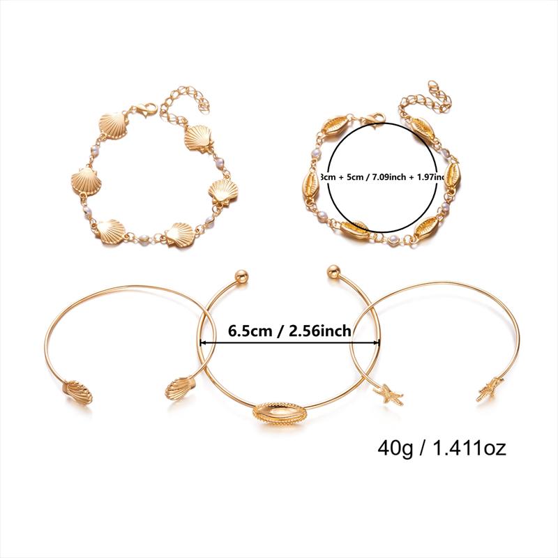 Bohemian Gold Color Shell Starfish Bracelet Set For Women Summer Beach Pearl Beaded Bangle Ocean Charm Jewelry Accessories