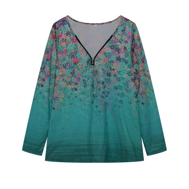 2023 Women's Floral V-neck Zipper Long Sleeve Top