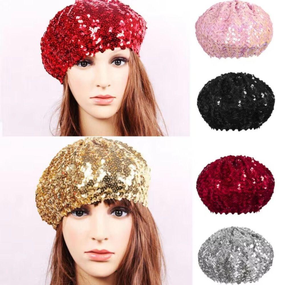 Solid Color Shining Beret Hat Chic Shiny Painter Hat Trendy Women's Sequin Beret Night Club