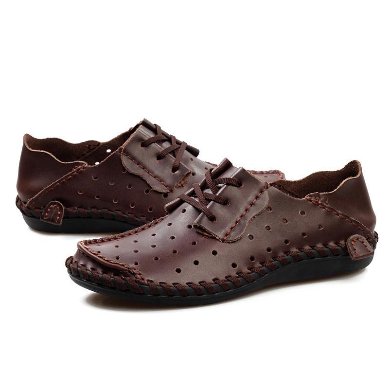 

Summer and autumn casual shoes breathable British soft-soled lazy punching leather shoes 50 темно-коричневого кольору