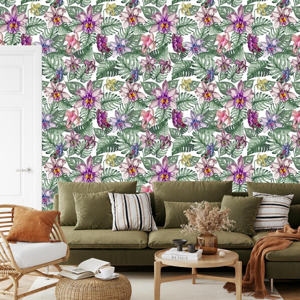 Wallpaper Colorful Monstera Flowers and Leaves for Living Room and Bedroom 50x1000