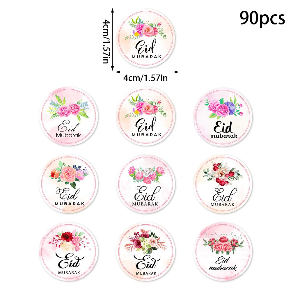 90pcs Ramadan Floral Moon Paper Sticker Eid Mubarak Gift Lable Seal Sticker Islamic Eid Al-fitr Party Celebration Party Supp