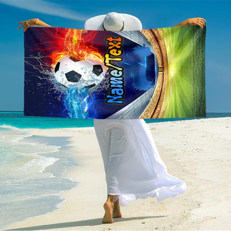 1PC Custom Name Soccer Ball Flames Water Beach Towel Highly Absorbent And Sand-Resistant Towel for Swimming, Pool, Yoga, And Travel Lightweight