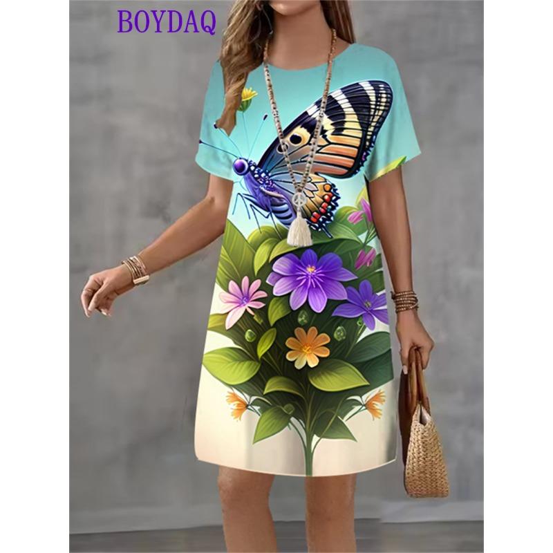 Women Dress Vintage Print Short Sleeve O-Neck Dresses 2025 Summer Autumn Fashion Casual Harajuku Dress Female Party Clothing
