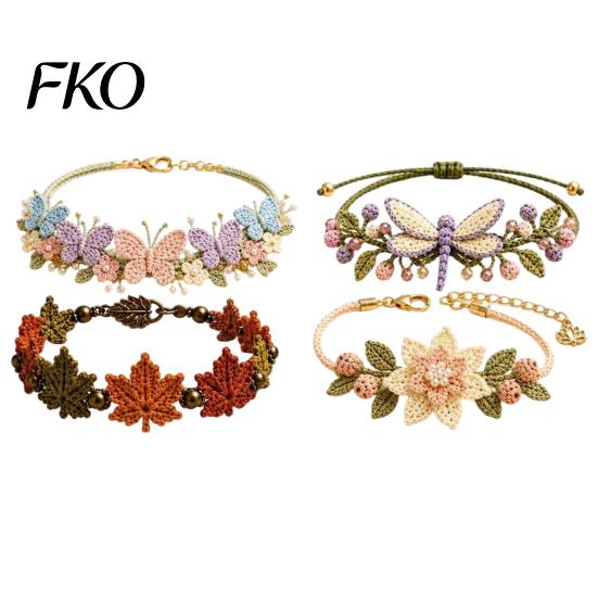Natural Aesthetic Bracelet Kit DIY Nature-Inspired Crochet Kit, 3D Animals Plants Hand-Crocheted Beaded Flower Maple Dragonfly Butterfly