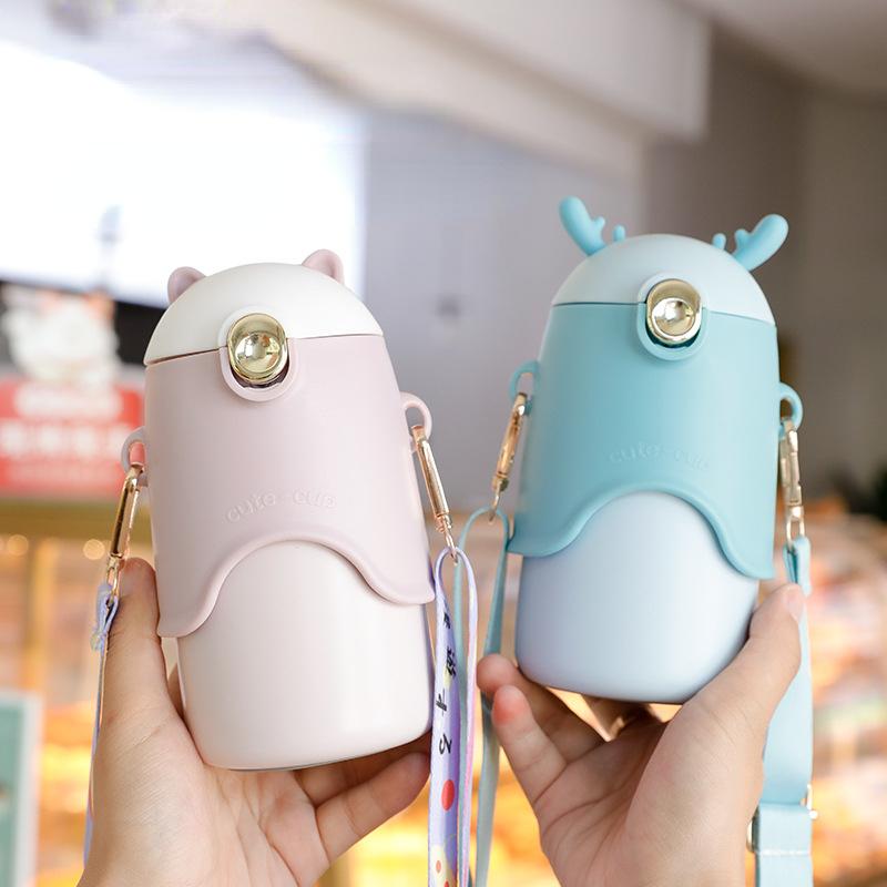 

Детский термос из нержавеющей стали 316, вакуумная чашка Kawaii для девочек, портативная с веревкой, соломенной, мультяшная изолированная бутылка для воды, бутылка для молока