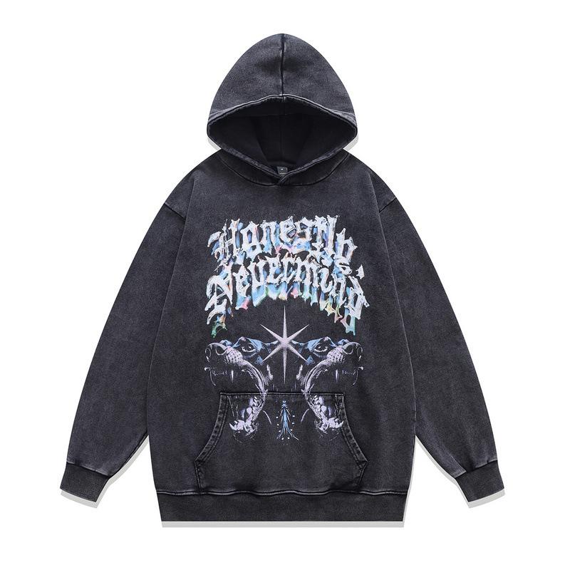 Moletom com Capuz Americano Retrô Estampa Direta em Tinta Branca Oversize Lavado Velho para Homens e Mulheres