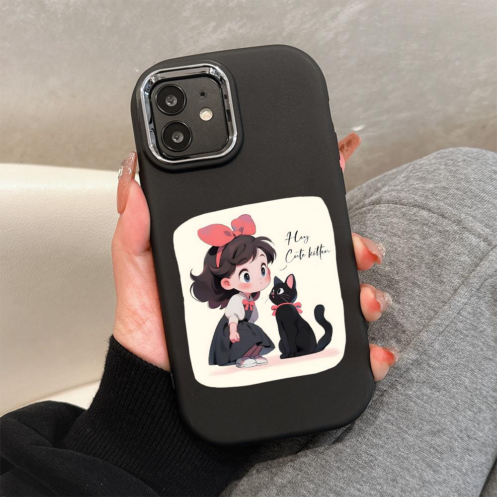 For OPPO A16 A38 A57 A58 A74 A78 A98 Reno8T Reno13F Realme C25S C53 C65 Cartoon Black Cat Silver Edge Soft Liquid Silicone Protective Casing