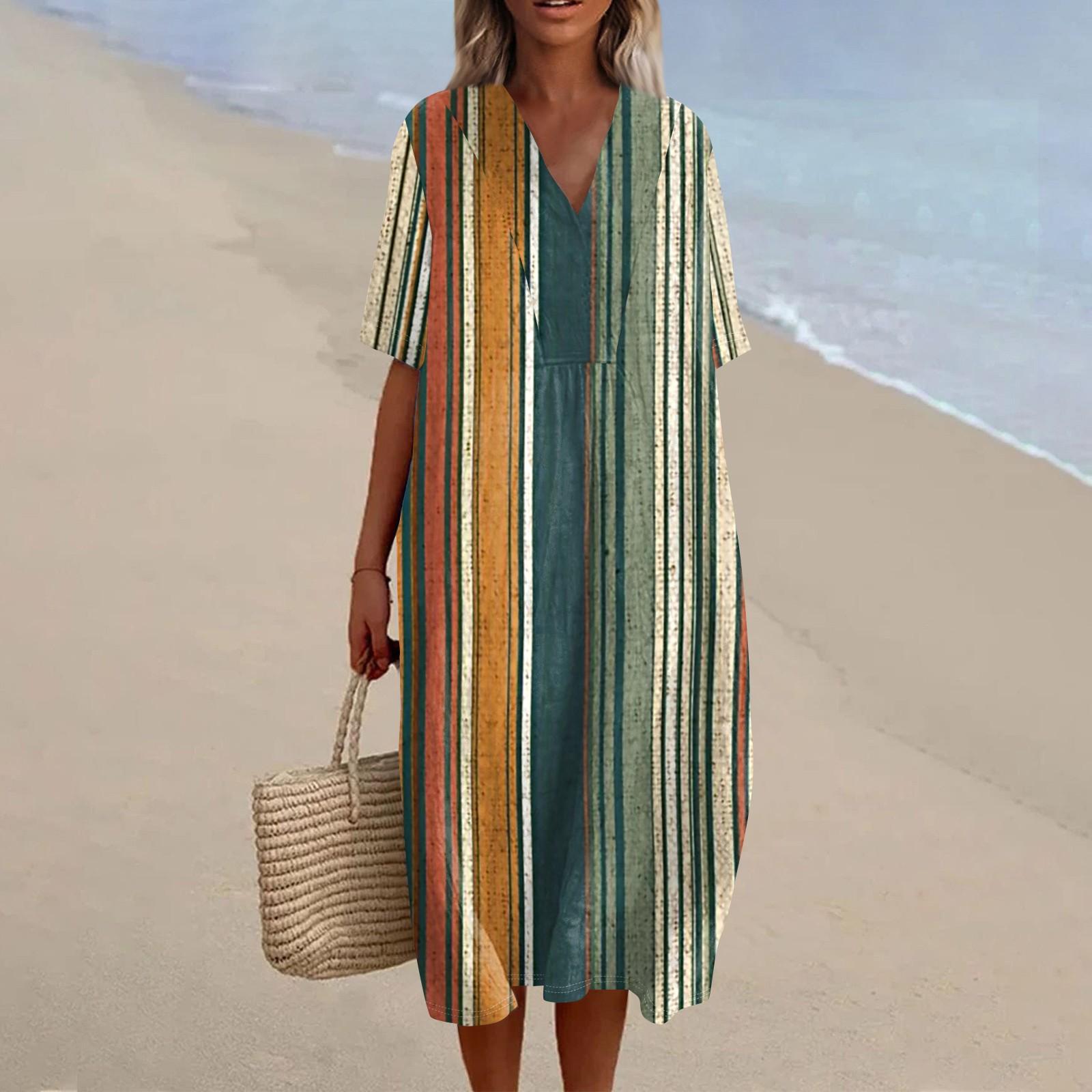 Women s Loose Casual Fashion V-Neck Printed Dress Beach Skirt XXL