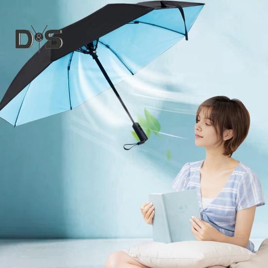 Folding Umbrella with Fan USB Rechargeable UV Sun Protection Tri-fold Umbrella Portable Waterproof Windproof Summer Outdoor Sun Rain Umbrella