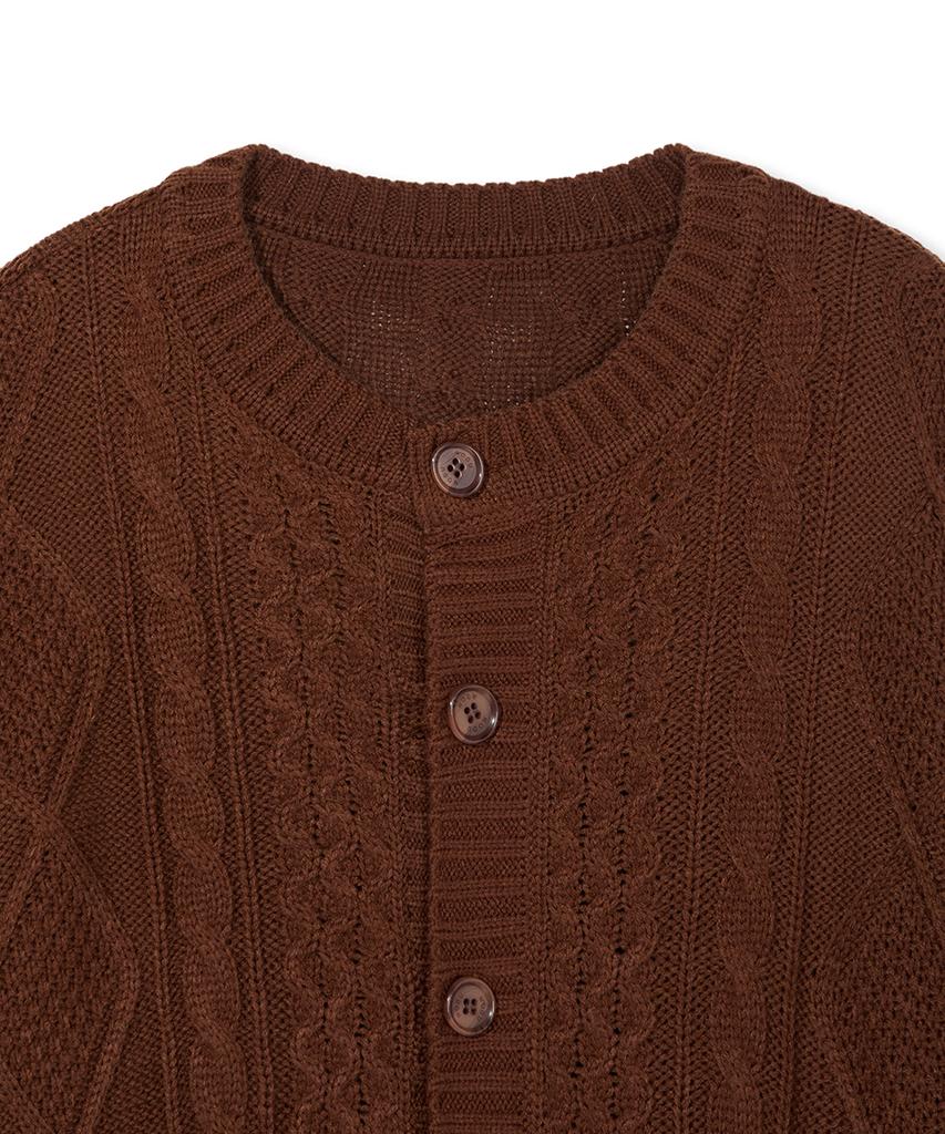 Nodu Fisherman Cable Round Neck Semi-Oversized Long Sleeve Knit Cable Knit Cardigan [Brown]