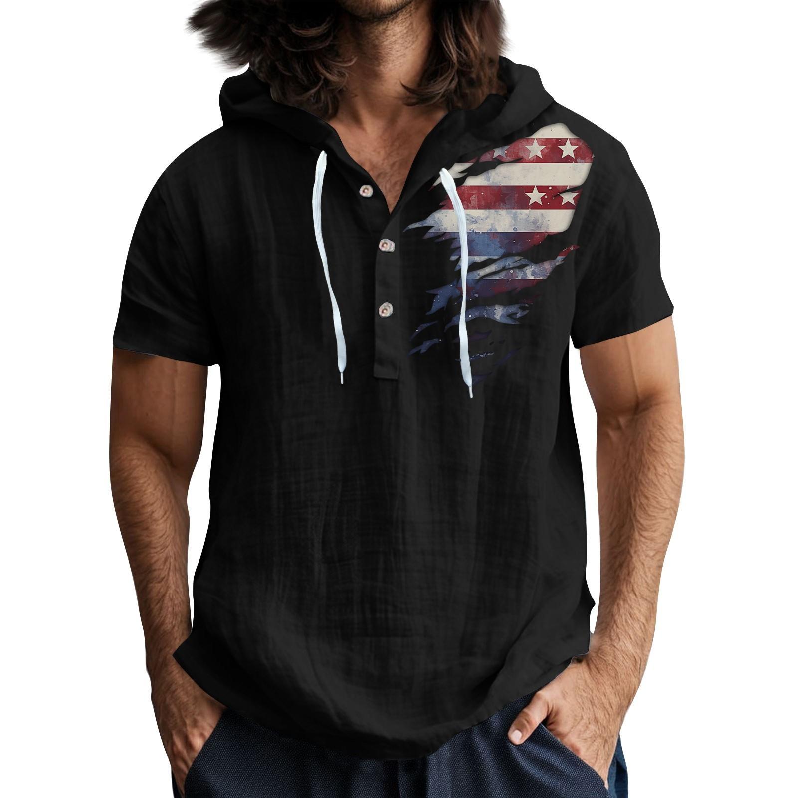 Men S Casual Short Sleeved Hooded Top Buttoned Open Neck T-Shirt L
