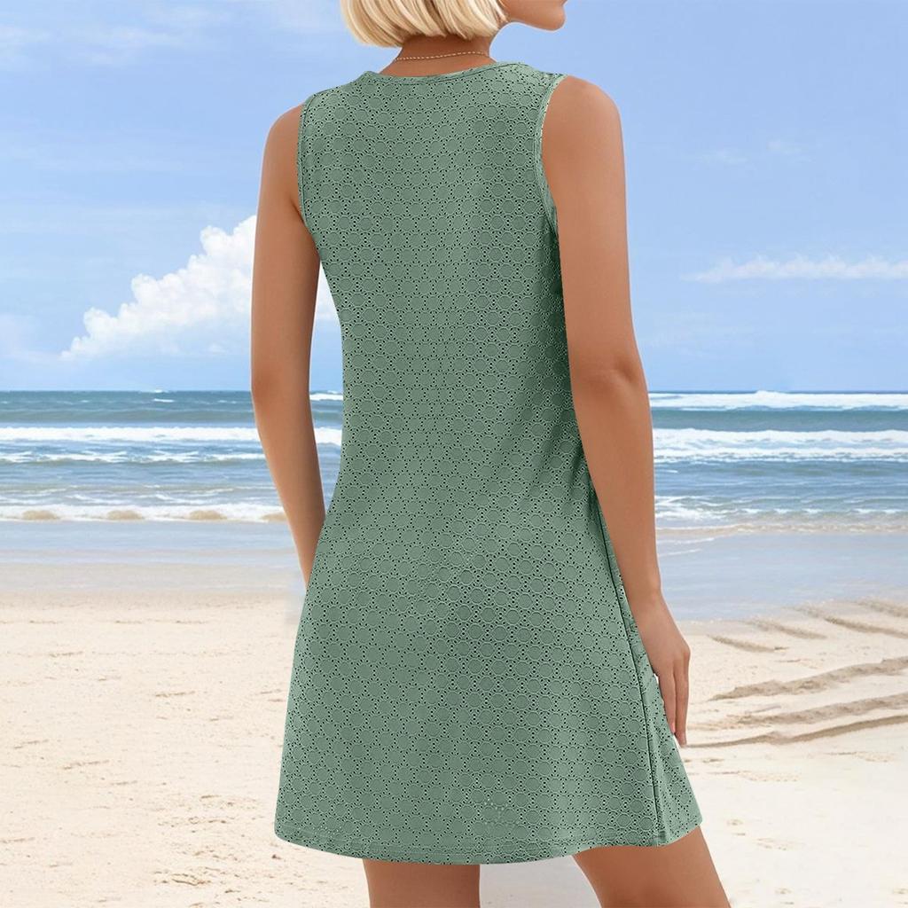 Women's Fashion Casual Summer Cuffs Bag V-neck Solid Color Dress Beach Sundress