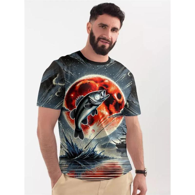 Summer Men's Fishing Leisure T-Shirts Short Sleeve 3d Fish Print Street T-Shirts Hip Hop Man Tees Loose Casual O-Neck Shirt