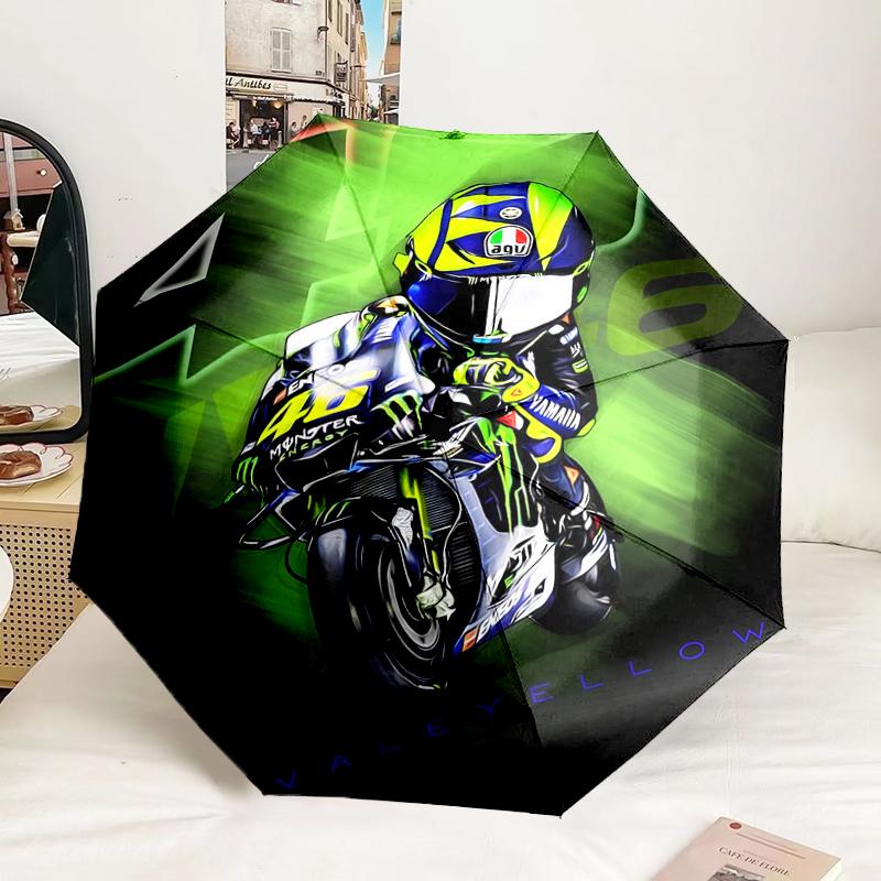 Rider Speeding Through Neon Light Automatic Folding Umbrella - 8-Rib Travel Umbrella with Auto Portable Case, Ideal Gift for Birthdays