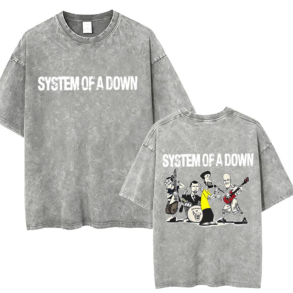 T-shirt Vintage Lavé System Of A Down Homme Rétro Rock Metal T-shirts Oversize Homme Décontracté Coton Haute Qualité