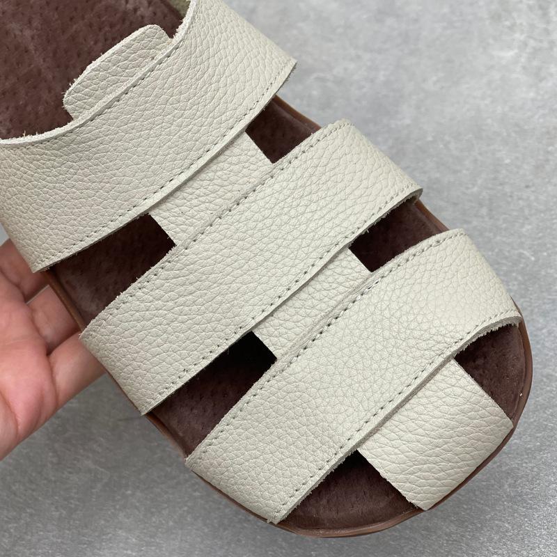 Johnature Genuine Leather Flat Slippers Weaving Hollow-out Breathable Casual Women's Slip-on Shoes