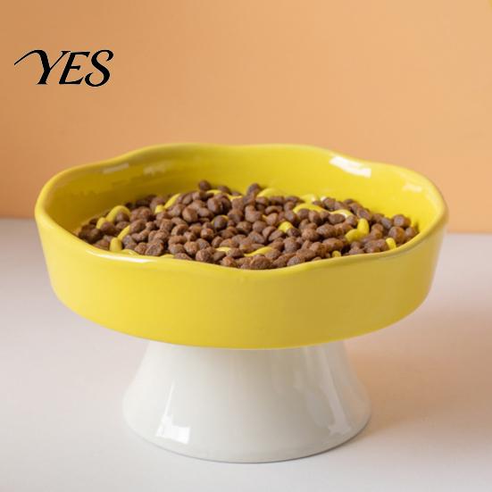 High Base Pet Bowl Raised Slow Feeder Bowl, Ceramic Down Eating Food Vomiting Prevention Anti Dish for Small Medium Dogs & Cats Cat