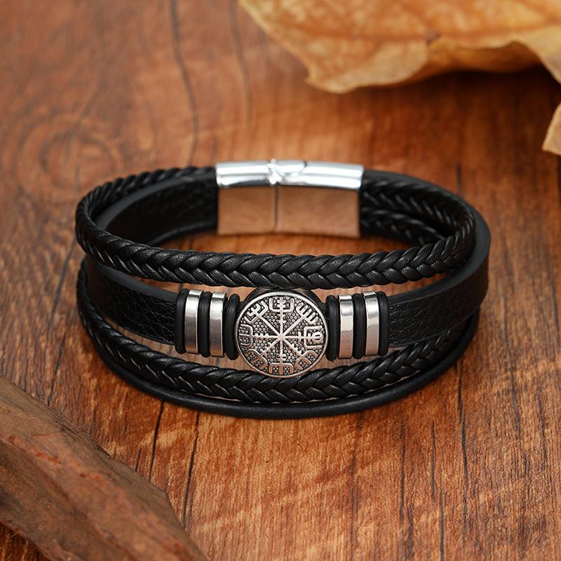 Multilayer Braided Leather Bracelet With Viking Compass Round Pendant Punk Men's Wristband