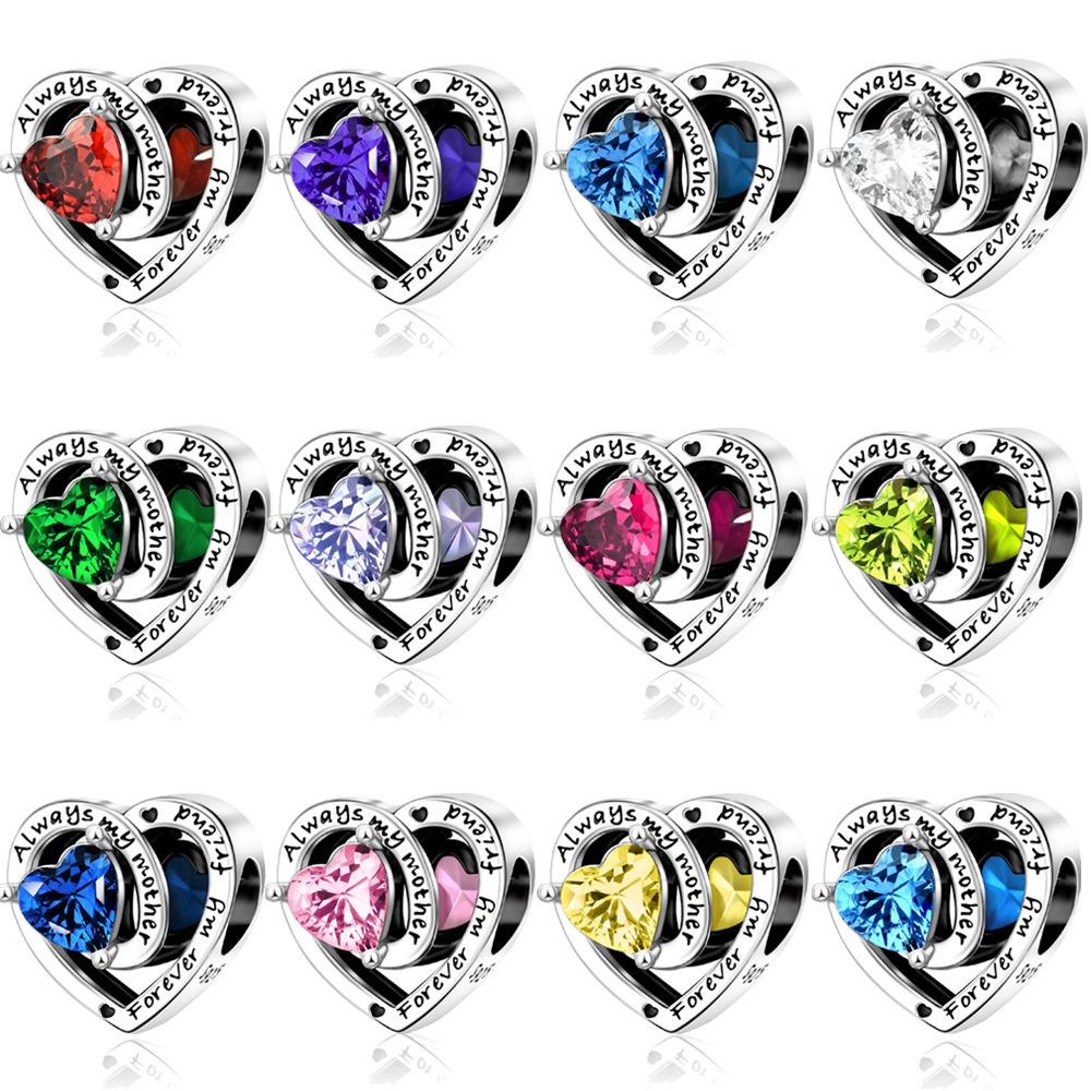 Copper 1-12 Months Charms Heart Lucky Stone Beads Zircon Pendants Fit Bracelets Necklaces Diy Jewelry Birthday Gift