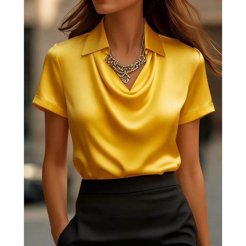 Modisches Damen Satin Drapé Französischer Stil Kurzarmhemd