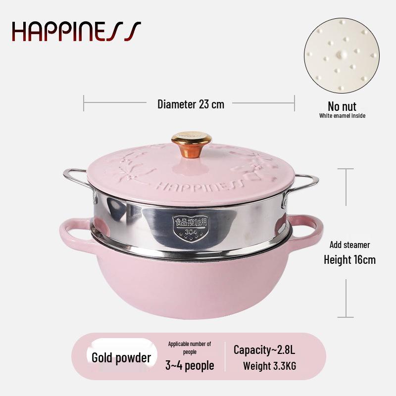 Little Happiness 23cm Non-stick Enamel Embossed Soup & Stew Pot, Induction Compatible