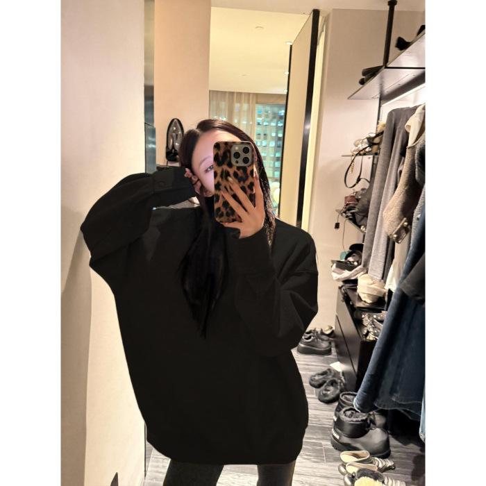 

92 polyfiber 8 elastane button polished inner ins lazy Korean solid color loose versatile crew neck sweater 2XL чорний