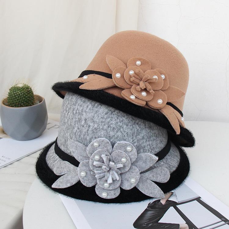 Wool Bucket Hat Ladies Autumn And Winter Leisure Basin Hat Fashion Bead Flower Felt Top Hat