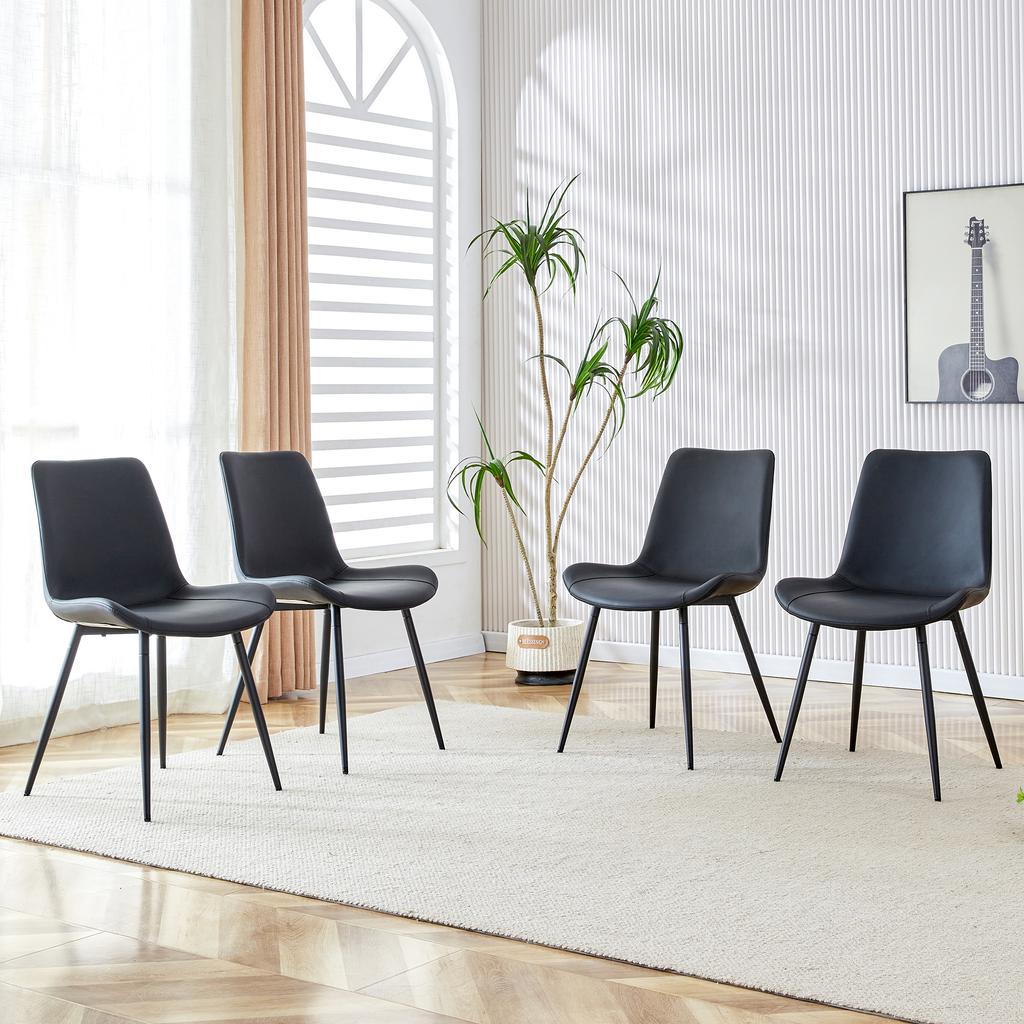 4-Piece Set Modern Dining Chairs in Black with PU Cover and Metal Frame - Wide Seats with Backrest, for Dining Room, Home Office and Living Areas